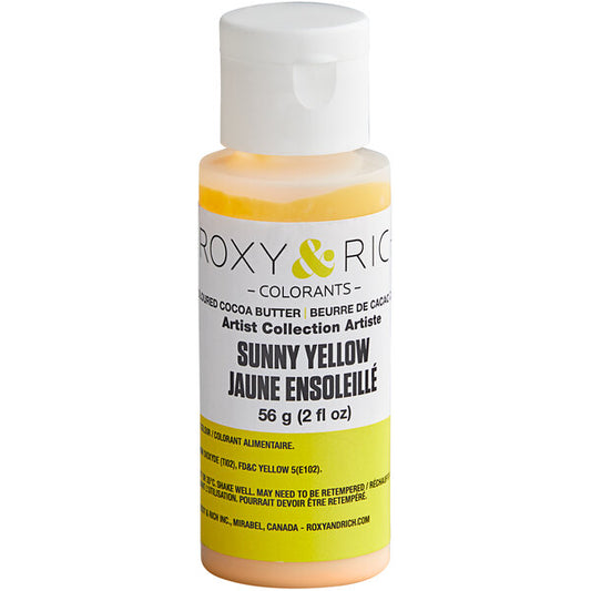 Roxy & Rich Sunny Yellow colored cocoa butter in a 2 oz clear squeeze bottle with white cap and yellow-and-white label against a white background.