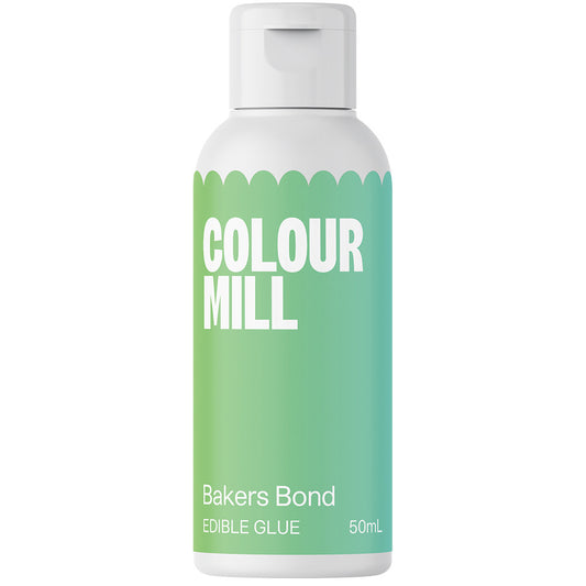 Colour Mill Bakers Bond Edible Glue in a white 50 ml flip-top bottle with a green-to-turquoise gradient label and bold white lettering on a white background.