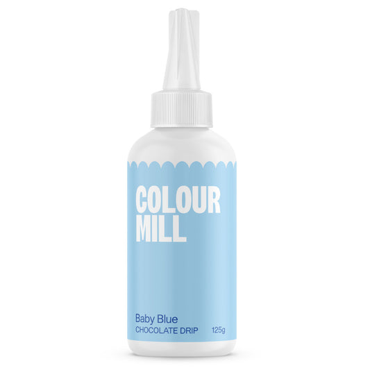 Colour Mill Baby Blue Cake Drip in a 125 g white squeeze bottle with a pointed nozzle and soft pastel blue label on a white background.