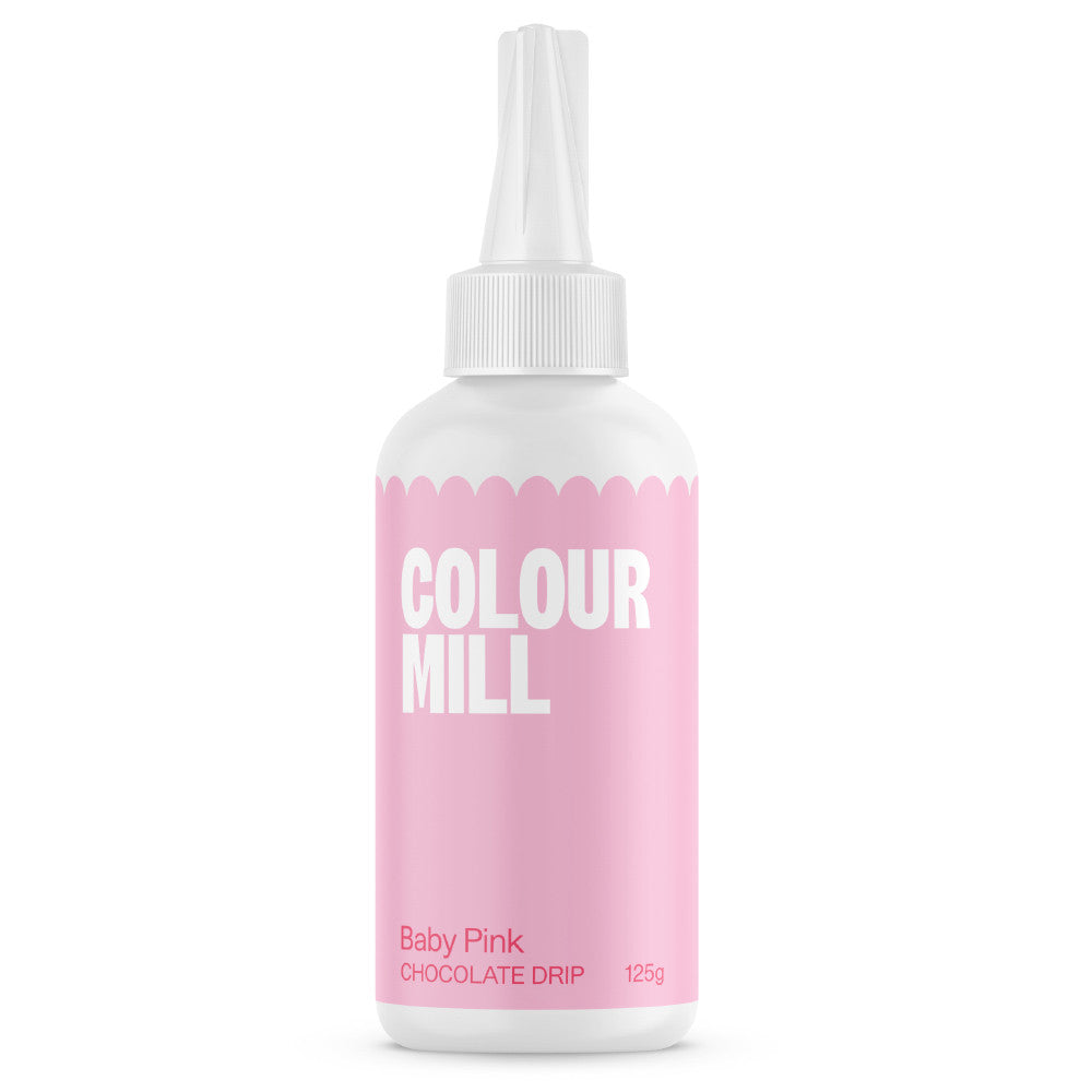 Colour Mill Baby Pink Cake Drip in a 125 g white squeeze bottle with a pointed nozzle and pastel pink label on a white background.