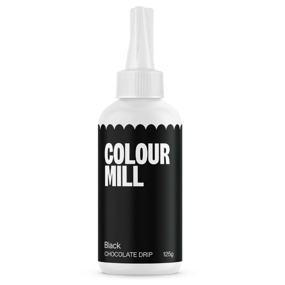 Colour Mill Black Cake Drip in a 125 g white squeeze bottle with a pointed nozzle and bold black label on a white background.