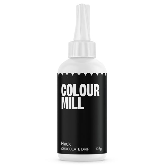 Colour Mill Black Cake Drip in a 125 g white squeeze bottle with a pointed nozzle and bold black label on a white background.