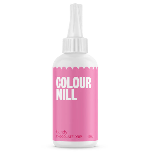 Colour Mill Candy Cake Drip in a 125 g white squeeze bottle with a pointed nozzle and vivid pink label on a white background.