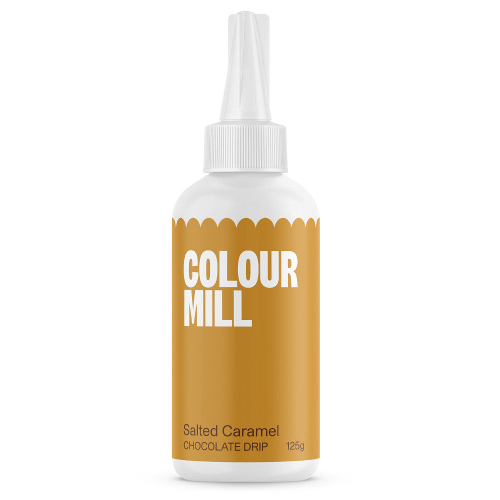 Colour Mill Salted Caramel Cake Drip in a 125 g white squeeze bottle with a pointed nozzle and warm golden caramel label on a white background.