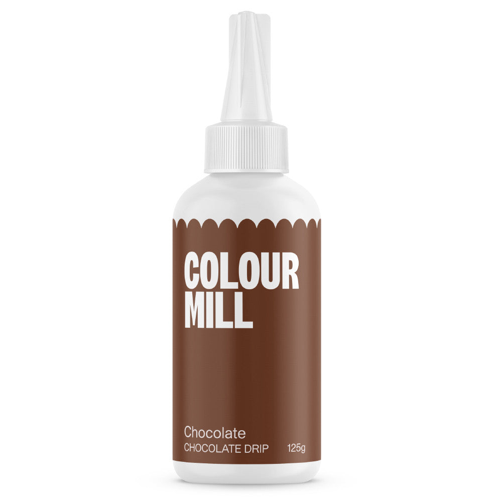 Colour Mill Chocolate Cake Drip in a 125 g white squeeze bottle with a pointed nozzle and rich cocoa-brown label on a white background.