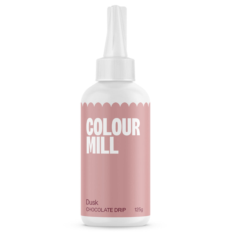 Colour Mill Dusk Cake Drip in a 125 g white squeeze bottle with a pointed nozzle and muted dusty rose label on a white background.