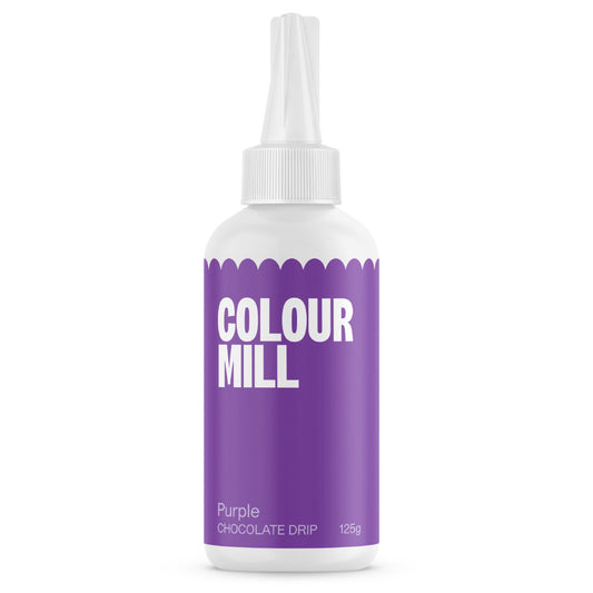 Colour Mill Purple Cake Drip in a 125 g white squeeze bottle with a pointed nozzle and vivid purple label on a white background.