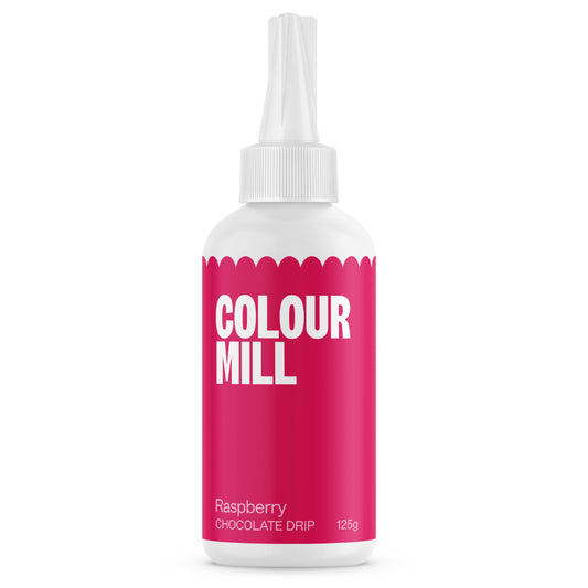 Colour Mill Raspberry Cake Drip in a 125 g white squeeze bottle with a pointed nozzle and vivid raspberry-pink label on a white background.