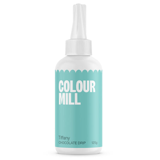 Colour Mill Tiffany Cake Drip in a 125 g white squeeze bottle with a pointed nozzle and bright turquoise label on a white background.