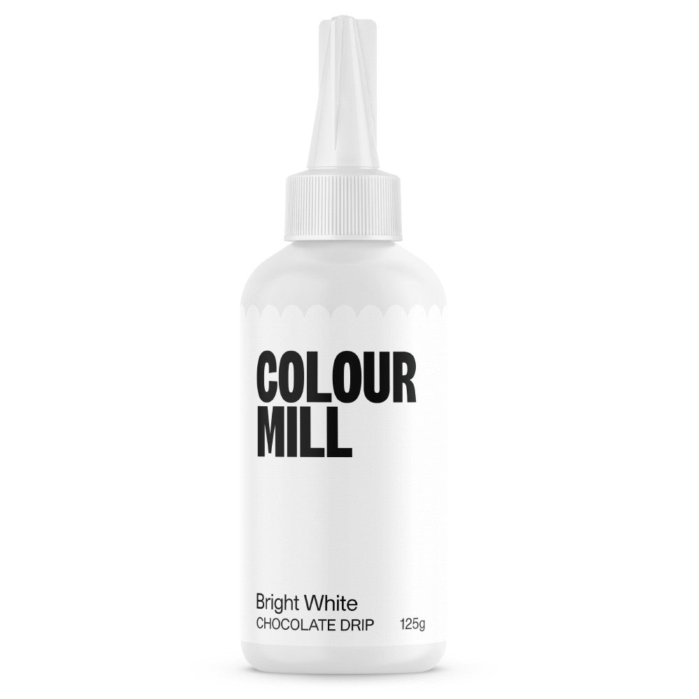 Colour Mill Bright White Cake Drip in a 125 g white squeeze bottle with a pointed nozzle, white label, and bold black lettering on a white background.