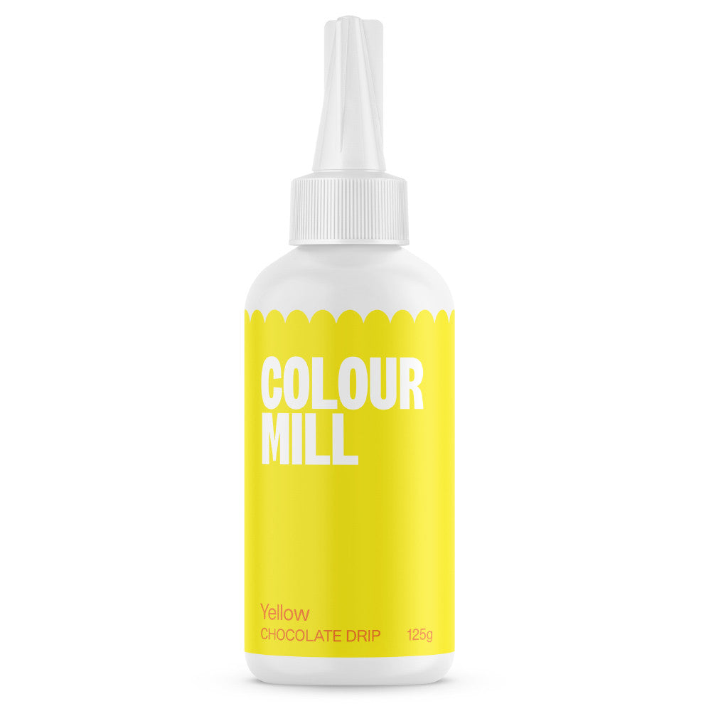 Colour Mill Yellow Cake Drip in a 125 g white squeeze bottle with a pointed nozzle and vivid yellow label on a white background.