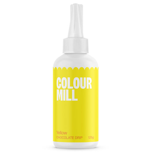 Colour Mill Yellow Cake Drip in a 125 g white squeeze bottle with a pointed nozzle and vivid yellow label on a white background.