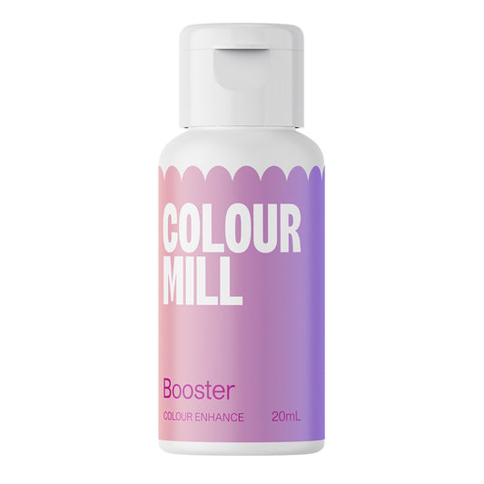 Colour Mill Booster 20mL bottle with pink and purple gradient label, designed to enhance food coloring and improve chocolate flow.