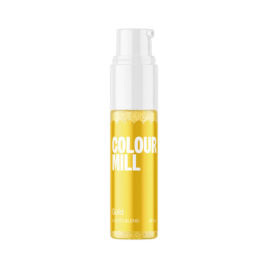 Colour Mill Gold Edible Glitter Glitz Blend in a slim 25 mL pump bottle with a white dispenser, gold label, and sparkling gold glitter visible inside.