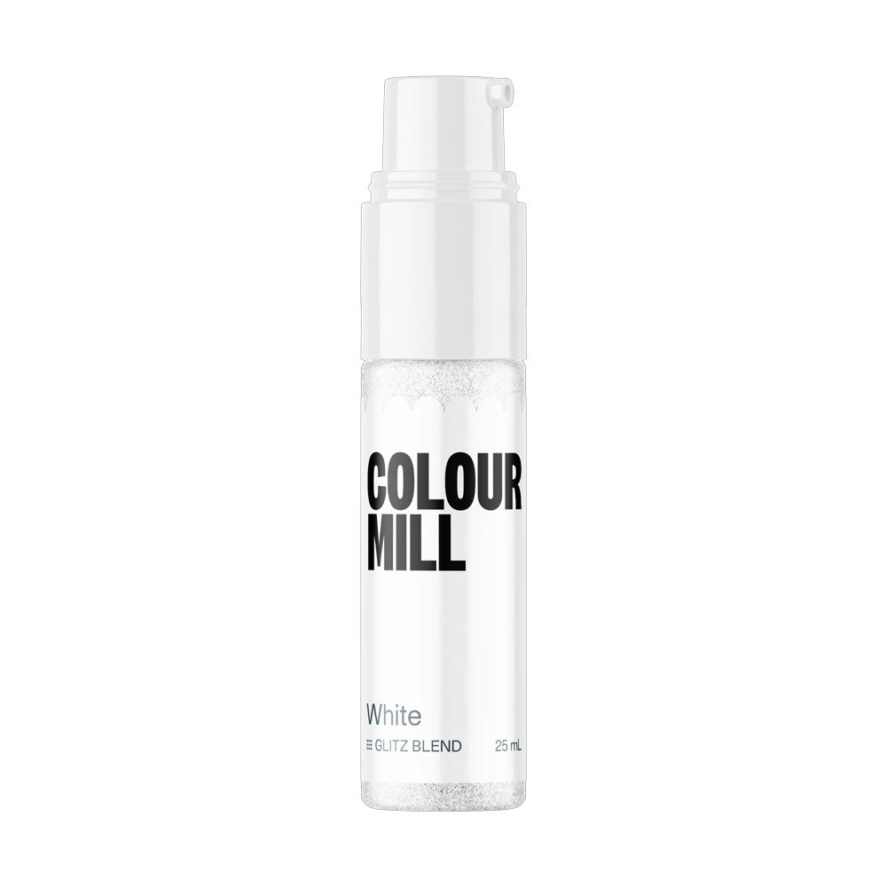Colour Mill White Edible Glitter Glitz Blend in a slim 25 mL pump bottle with a white dispenser, black logo, and white glitter visible inside.