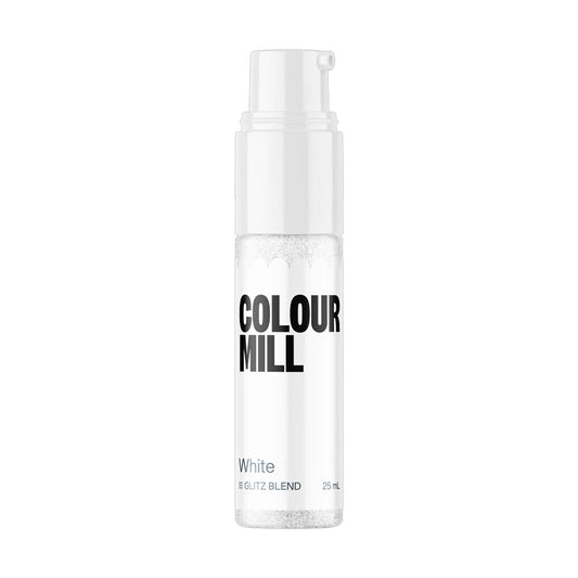Colour Mill White Edible Glitter Glitz Blend in a slim 25 mL pump bottle with a white dispenser, black logo, and white glitter visible inside.