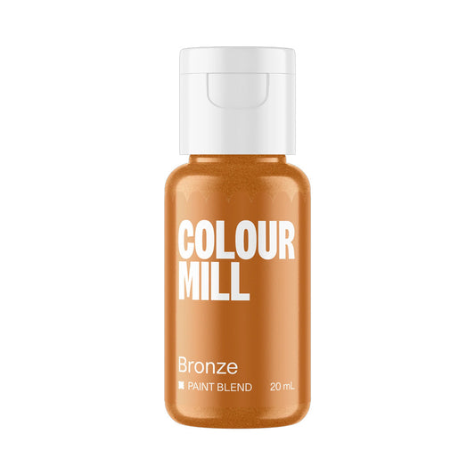 Colour Mill Bronze Metallic Paint Blend in a 20 mL bottle filled with shimmering warm bronze edible paint and topped with a white flip cap on a white background.