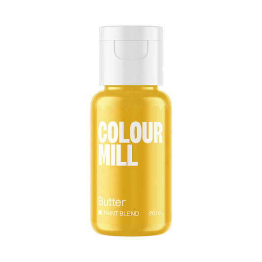 Colour Mill Butter Metallic Paint Blend in a clear 20 mL bottle filled with shimmering golden-yellow edible paint and topped with a white flip cap.