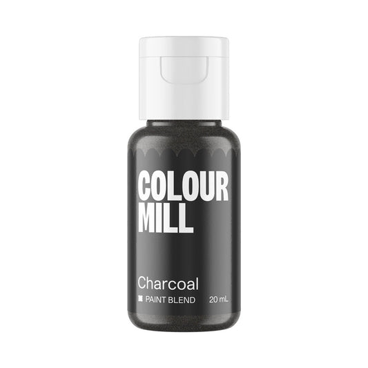 Colour Mill Charcoal Metallic Paint Blend in a 20 mL bottle filled with deep charcoal-grey edible paint and topped with a white flip cap on a white background.