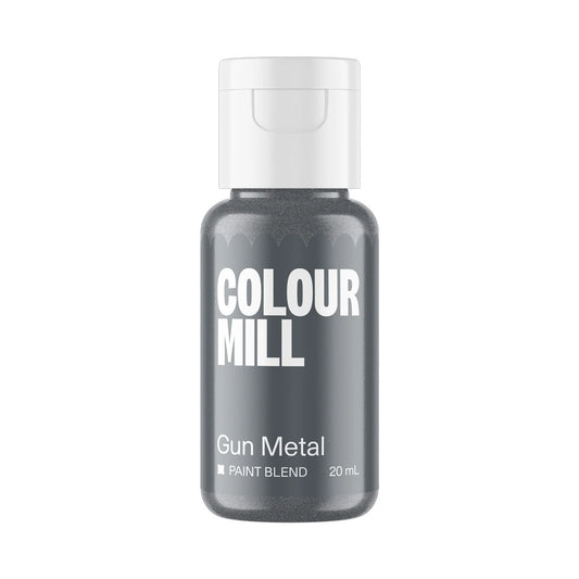 Colour Mill Gun Metal Metallic Paint Blend in a clear 20 mL bottle filled with dark steel-grey edible paint and topped with a white flip cap.