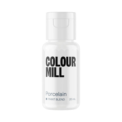 Colour Mill Porcelain Metallic Paint Blend in a 20 mL bottle filled with pearly white edible paint and topped with a white flip cap on a light background.