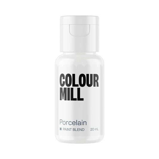 Colour Mill Porcelain Metallic Paint Blend in a 20 mL bottle filled with pearly white edible paint and topped with a white flip cap on a light background.