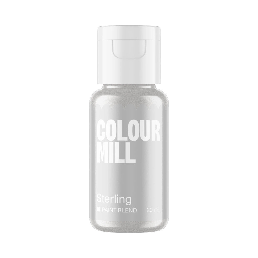 Colour Mill Sterling Metallic Paint Blend in a 20 mL bottle with a white flip-top cap, filled with shimmering silver-grey edible paint against a light background.