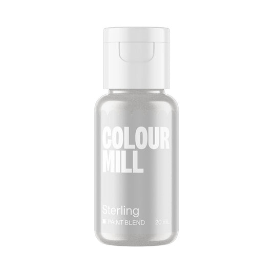 Colour Mill Sterling Metallic Paint Blend in a 20 mL bottle with a white flip-top cap, filled with shimmering silver-grey edible paint against a light background.