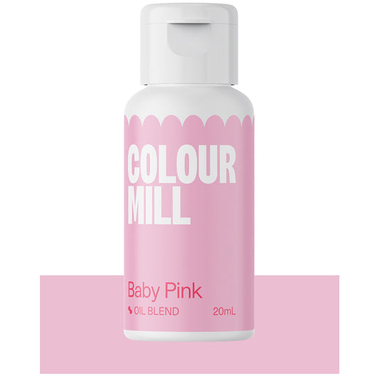 Bottle of Colour Mill Baby Pink Oil Blend food coloring with light pink label and white cap, 20mL size
