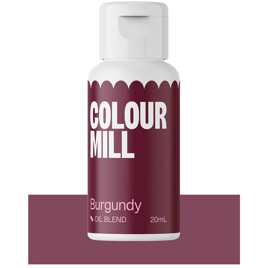 Bottle of Colour Mill Burgundy Oil Blend food coloring with deep wine-red label and white cap, 20mL size