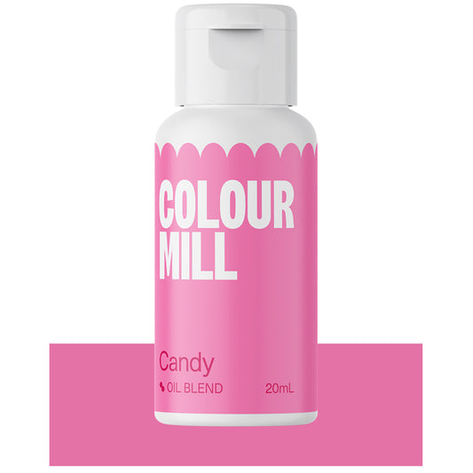 Bottle of Colour Mill Candy Oil Blend food coloring with vibrant pink label and white cap, 20mL size