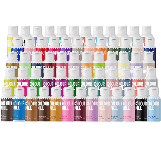 Array of Colour Mill oil-based food color bottles arranged in rows, showing a wide spectrum of 60 shades in 20 ml bottles with white caps; professional bakery colorant set.
