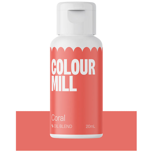 Bottle of Colour Mill Coral oil blend food color featuring a bold coral label.