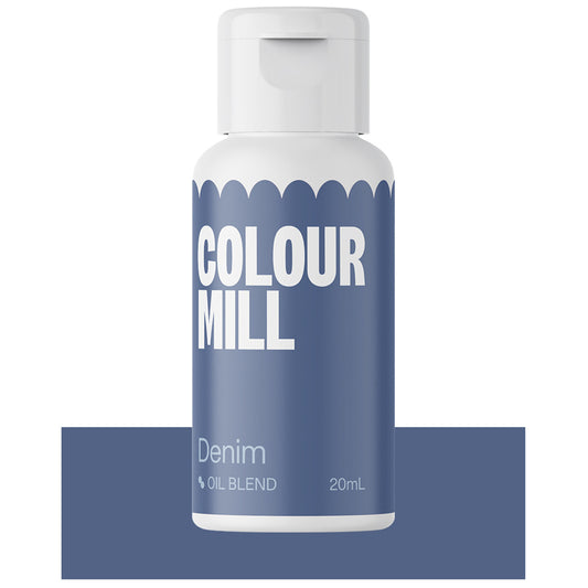 Bottle of Colour Mill Denim oil blend food color featuring a deep, cool blue label.
