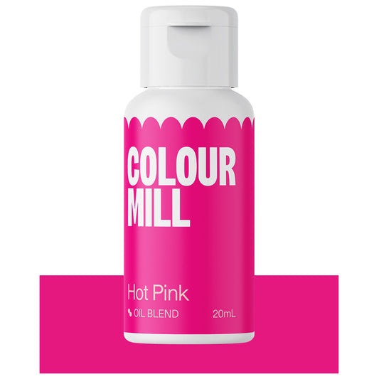Bottle of Colour Mill Hot Pink oil blend food color with bright pink label and white cap.