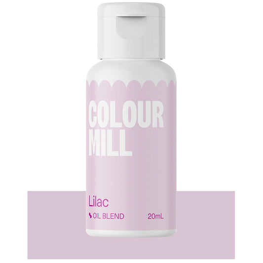 Bottle of Colour Mill Lilac oil blend food coloring with pale lavender label and white text.