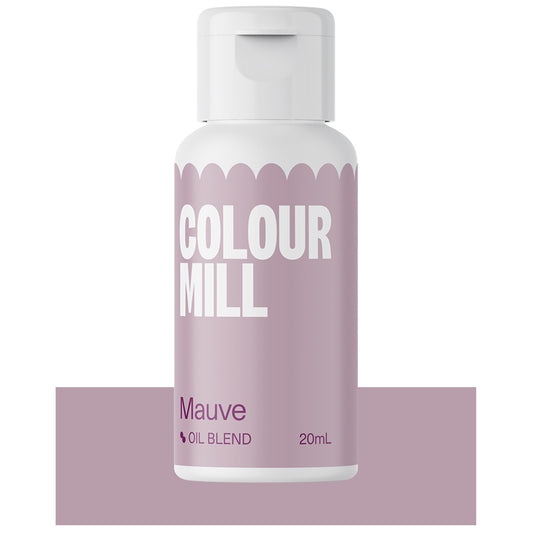 Bottle of Colour Mill Mauve oil blend food coloring with soft mauve label and text.