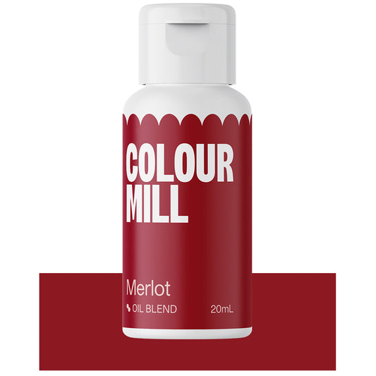 Colour Mill Merlot oil blend bottle with bold red label and white cap, 20ml size for vibrant baking applications