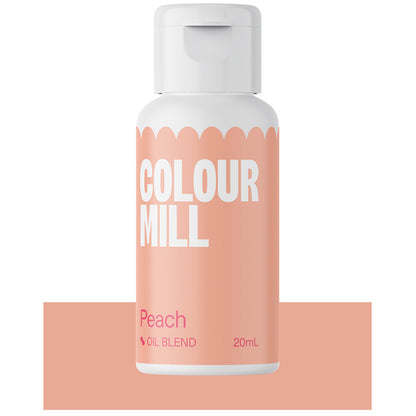 Bottle of Colour Mill Peach Oil Blend food coloring with matching peach label, 20mL size for cake and baking use
