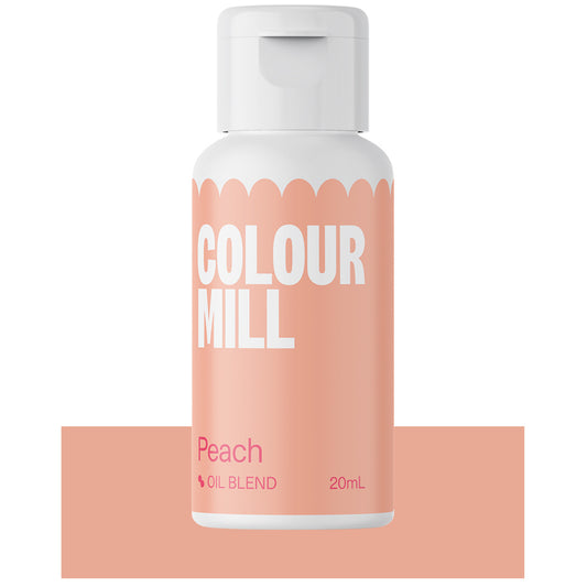 Bottle of Colour Mill Peach Oil Blend food coloring with matching peach label, 20mL size for cake and baking use