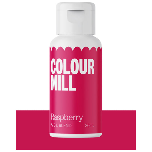 Bottle of Colour Mill Raspberry oil blend food colouring with a rich berry pink label.