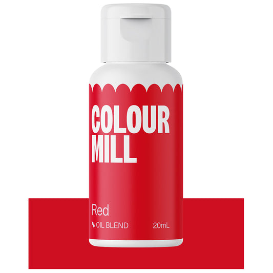 Colour Mill Red oil-based food coloring bottle, 20ml, against a red backdrop showing product shade.