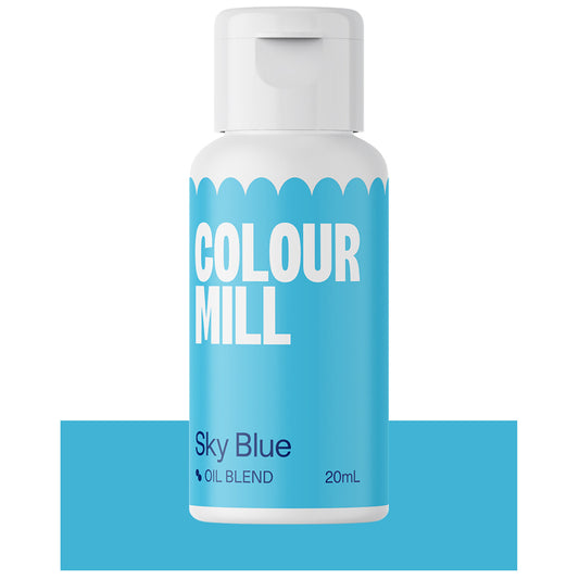 Colour Mill 20ml oil-based food coloring bottle labeled Sky Blue with matching color swatch