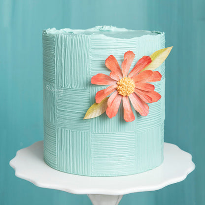 Cake decorated in light teal textured buttercream with peach sugar flower on teal backdrop