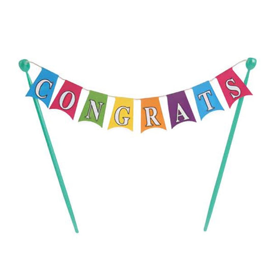 A festive banner-style cake topper spelling out 'CONGRATS' with each letter on a different colored pennant, adding a playful touch to any celebration cake.