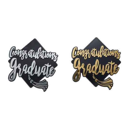 Black and gold 'Congratulations Graduate' cake topper lay on, with a graduation cap design, suitable for adding a celebratory message to graduation cakes.