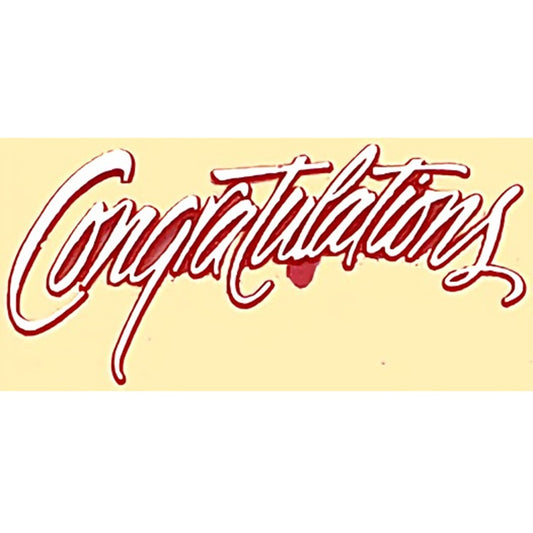 A cake topper with the word 'Congratulations' in elegant red cursive script on a vintage-style plaque, perfect for graduations or promotions.
