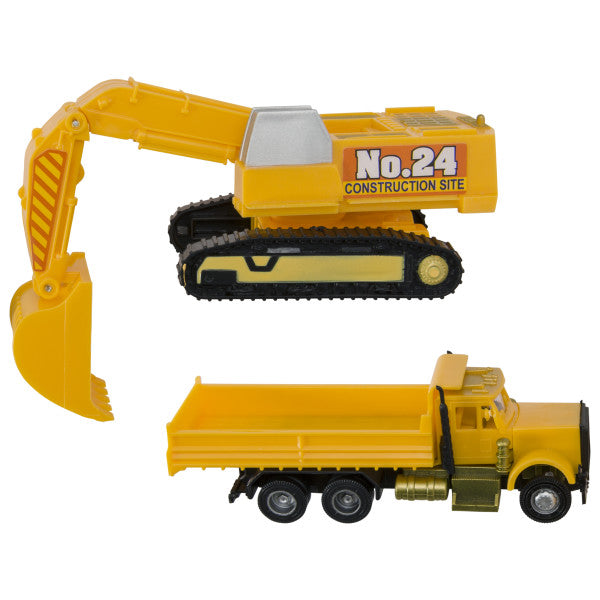 A yellow toy excavator and dump truck designed for cake decoration and post-party play.