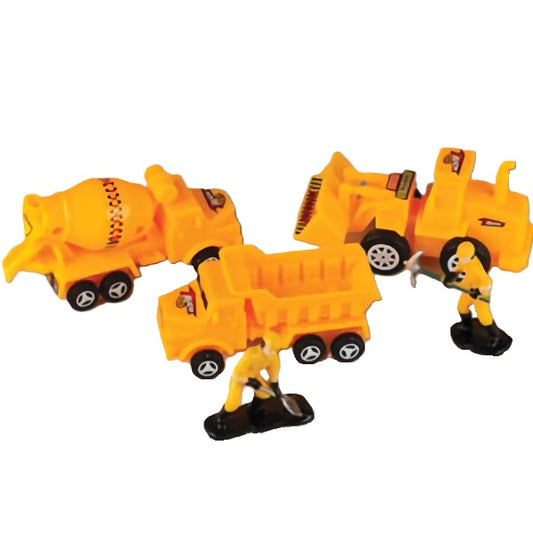 Miniature plastic construction vehicle figures for cake decorating, including a cement mixer and other construction machinery in striking yellow. These detailed figures are perfect for creating a themed cake for any child who loves big trucks and can be found at Lynn's Cake, Candy, and Chocolate Supplies.