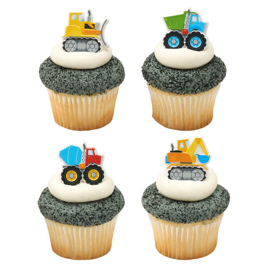 Construction vehicle cupcake topper rings in bright, playful colors, each topped with a different toy construction vehicle such as a bulldozer or dump truck. These toppers are perfect for a child’s construction-themed party and are easily placed on cupcakes, available at Lynn's Cake, Candy, and Chocolate Supplies.
